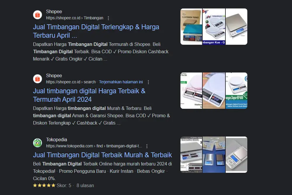 Shopping results di SERP